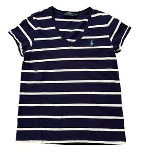 Polo Ralph Lauren Short Sleeve Blue and White Striped V Neck Shirt Size Small